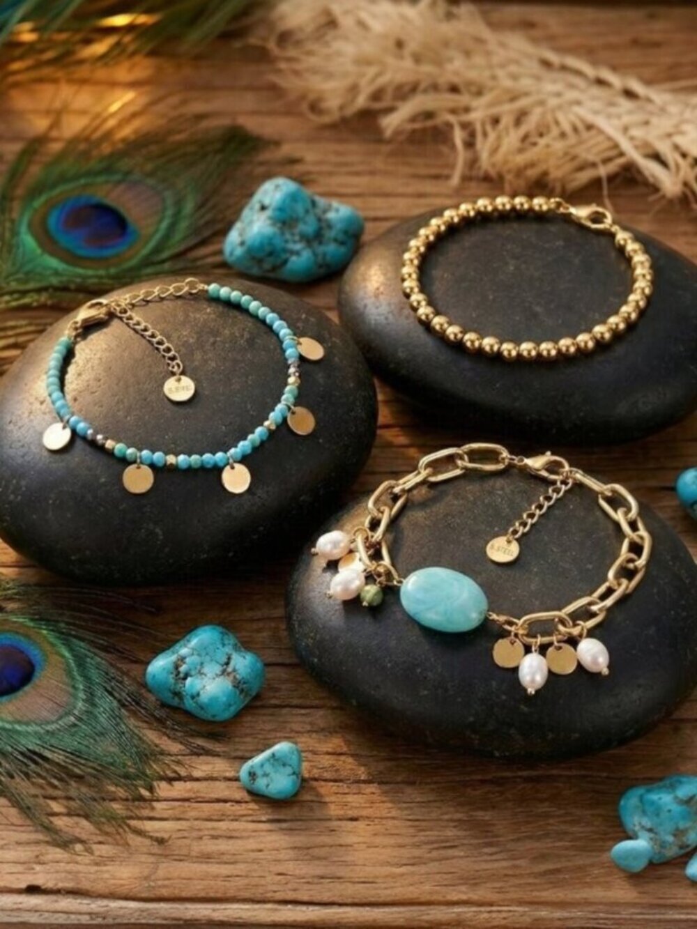18k Gold Plated 316L SS Blue Jade and Freshwater Pearl Stackable Bracelet Set